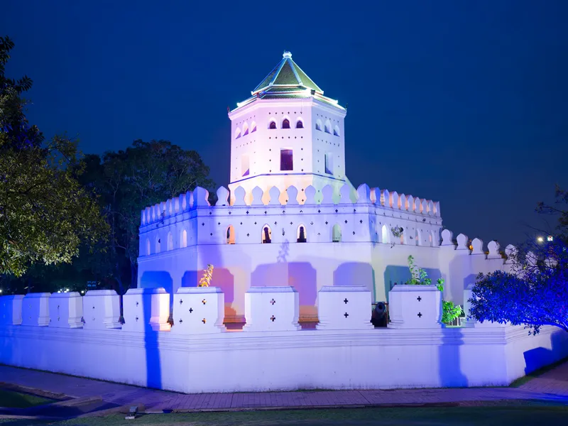 The ancient fortress Phra Sumen Fort close-up in the night illumination. Bangkok, Thailand