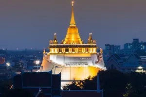 Dramatic sky after sunset over Golden Mount temple, The tourist destination in Bangkok Thailand