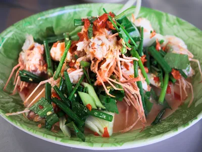 Pla Kung(Grilled Prawn and Lemongrass salad), Banglamphu Market, Bangkok, Thailand.