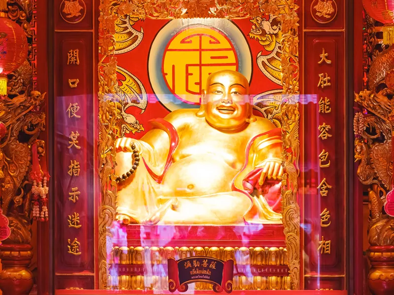 Wat Mangkon Kamalawat, Bangkok, Thailand-January 20 2019. Wat Mangkon Kamalawat with black cannon around the wall.