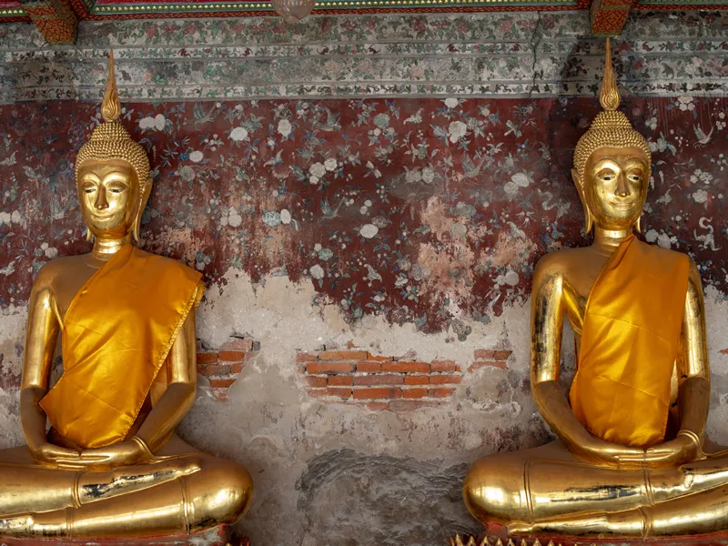 Golden Buddha images in Wat Suthat Thepphawararam the royal temple of the first grade in Bangkok. Construction of the temple was completed in 1847. Bangkok.
