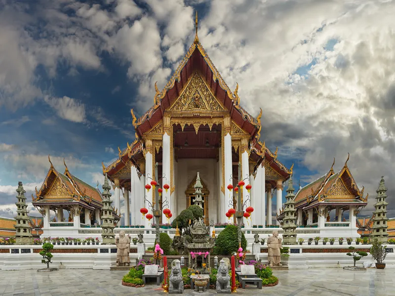 Wat Suthat Thepphawararam with blue sky background in Bangkok of Thailand