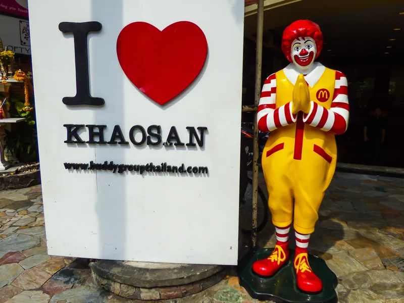 Bangkok, Thailand - Circa January 2018: Ronald McDonald doing the wai (Thai greeting) at popular Khao San Road