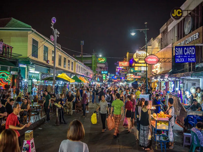 Bangkok, Thailand - April 1, 2018 : Nightlife at the Khaosan Road, a world famous tourist district in central Bangkok.