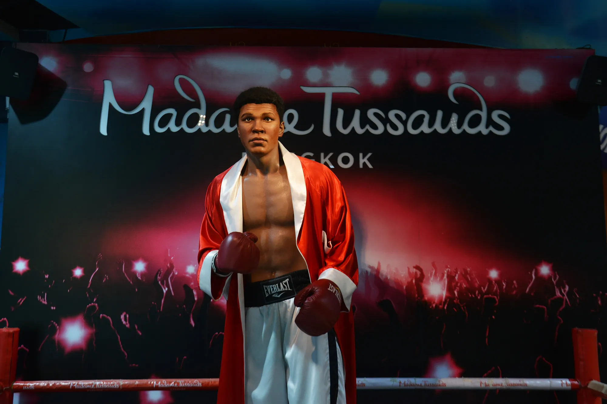 Bangkok, Thailand - September 19, 2020: A waxwork of The Greatest American professional boxer Muhammad Ali or Cassius Marcellus Clay Jr. displays to promote Madame Tussauds Wax Museum.