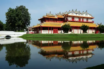 AYUTTHAYA, THAILAND - NOVEMBER 04, 2020: Wehart Chamrun Residential Hall at Bang Pa-In Royal Palace where is a famous landmark of Ayutthaya, Thailand.