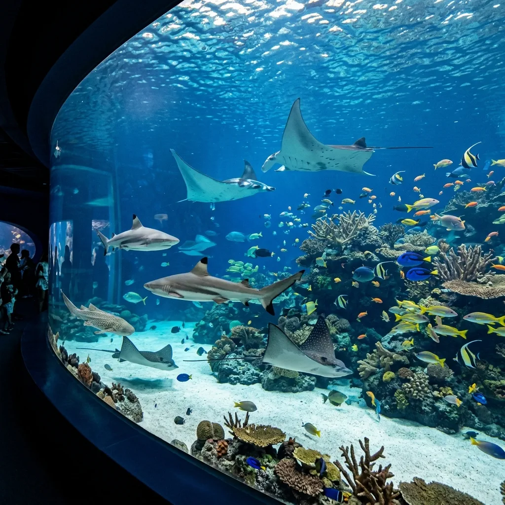 A stunning underwater scene from the South China Sea exhibit at Aquaria Phuket, showcasing sharks and giant rays swimming gracefully in a massive tank with a deep blue background.