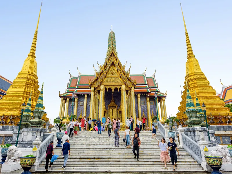 Bangkok, Thailand - Oct 13, 2019 : People of world tourists visiting Thai Emerald Buddha temple in the sunny day. WAT PHRA KAEW call in Thai. The landmark historic famous temple at Bangkok, Thailand.
