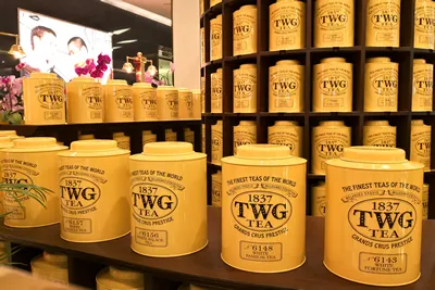 BANGKOK, THAILAND - 16 FEB 2018: TWG tea product on store shelf in shopping mall, Bangkok. TWG Tea is a brand of tea which was established in Singapore in 2008.
